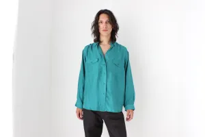 80s PURE SILK Double Pocket Long Sleeve Shirt in Turquoise