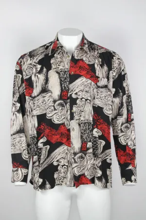 90s Long sleeve viscose shirt - Black white and red pattern - XXL