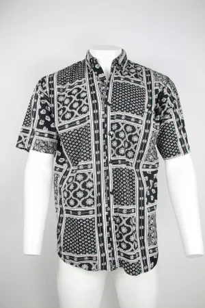 90s Short sleeve Cotton shirt - Black and white patchwork pattern - M/L