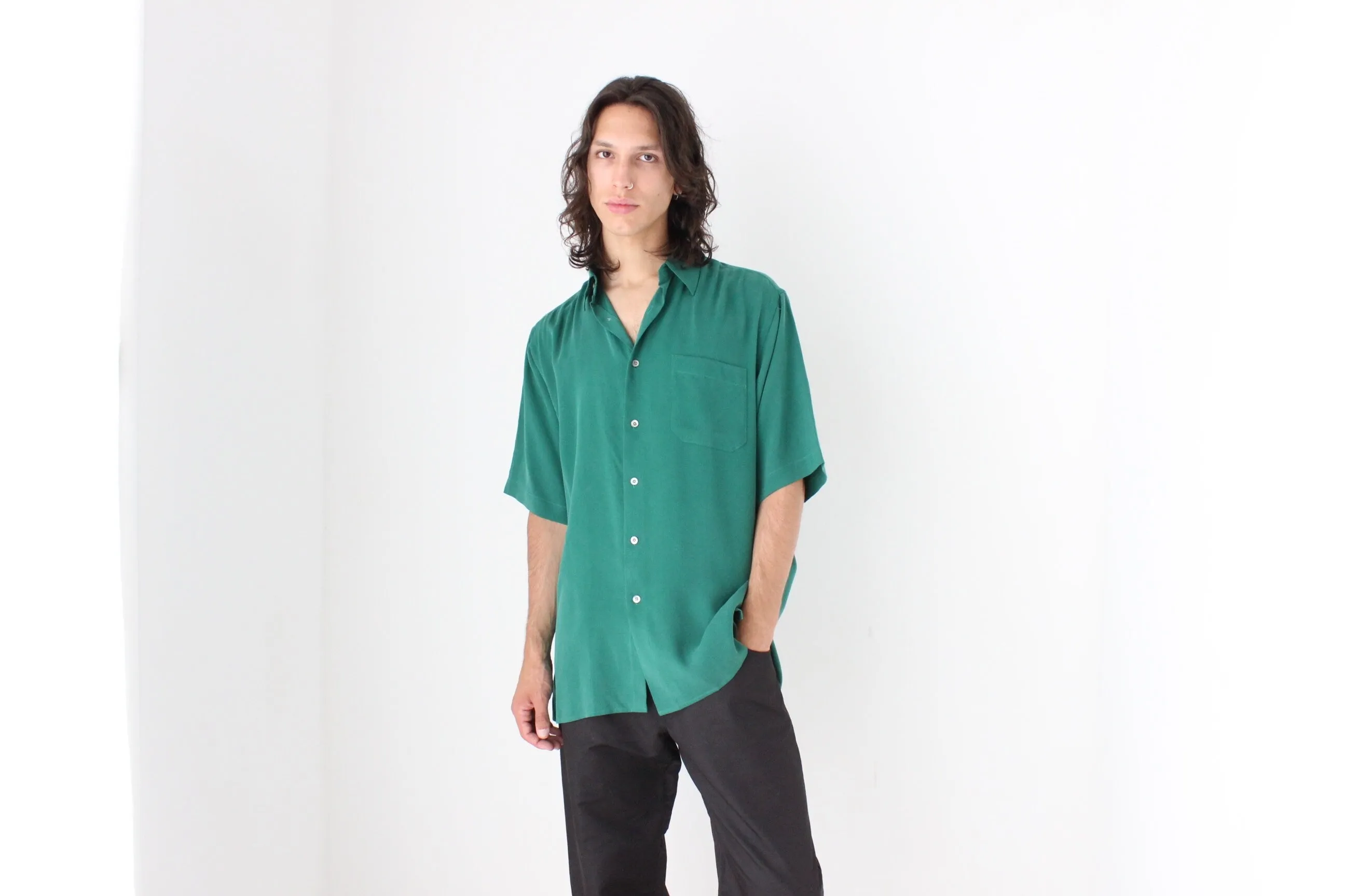 90s Textured Pure Silk Boxy Shirt in Green