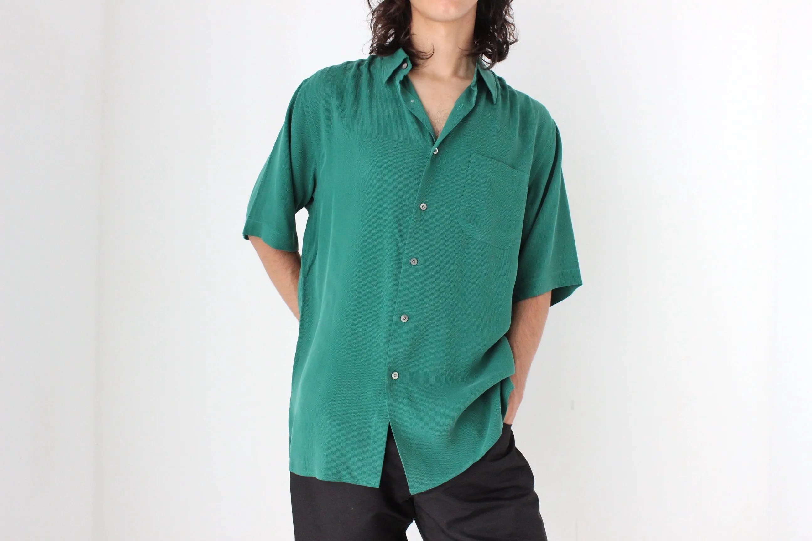 90s Textured Pure Silk Boxy Shirt in Green