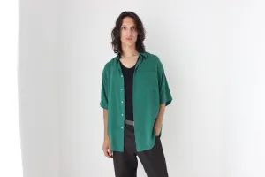 90s Textured Pure Silk Boxy Shirt in Green