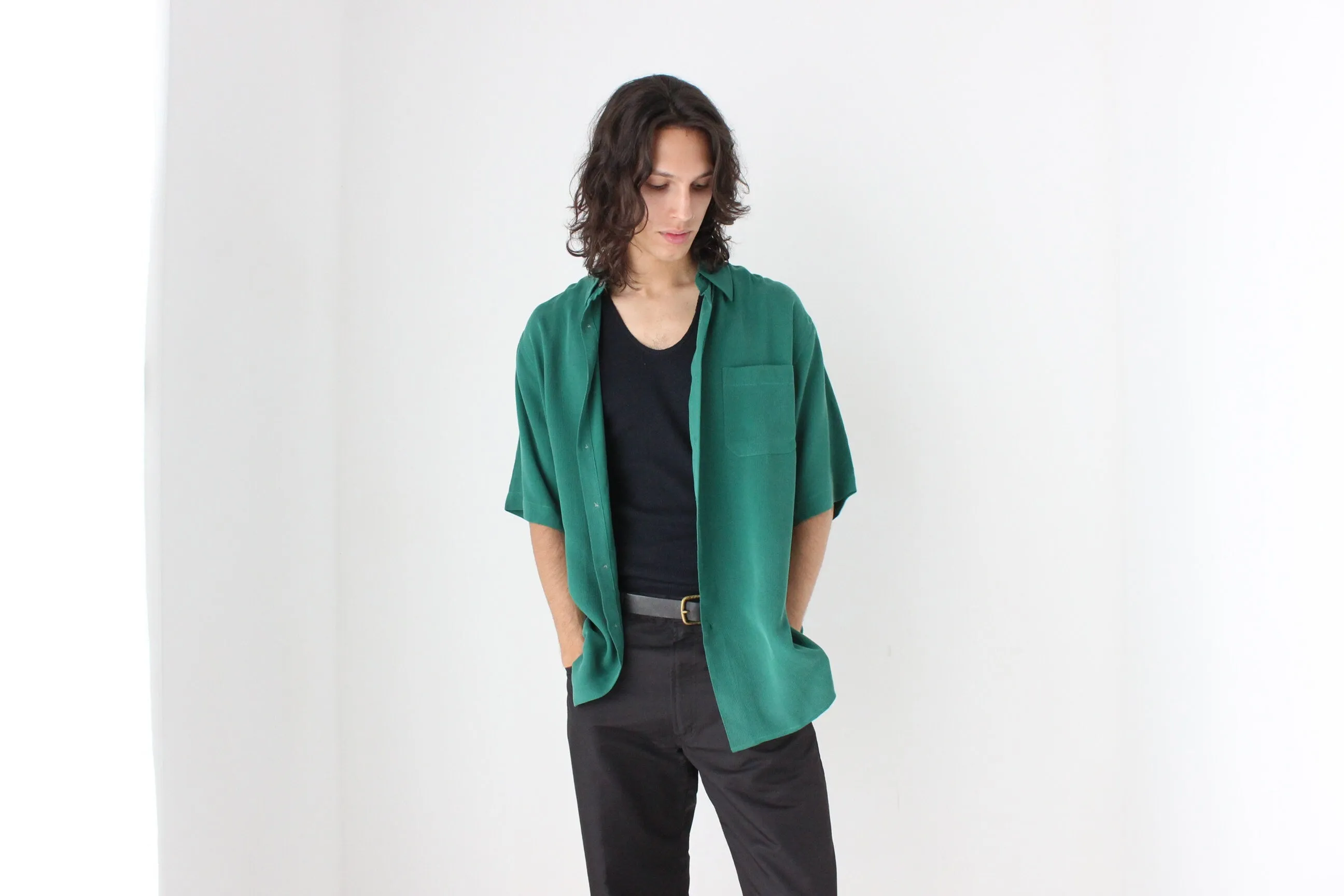 90s Textured Pure Silk Boxy Shirt in Green