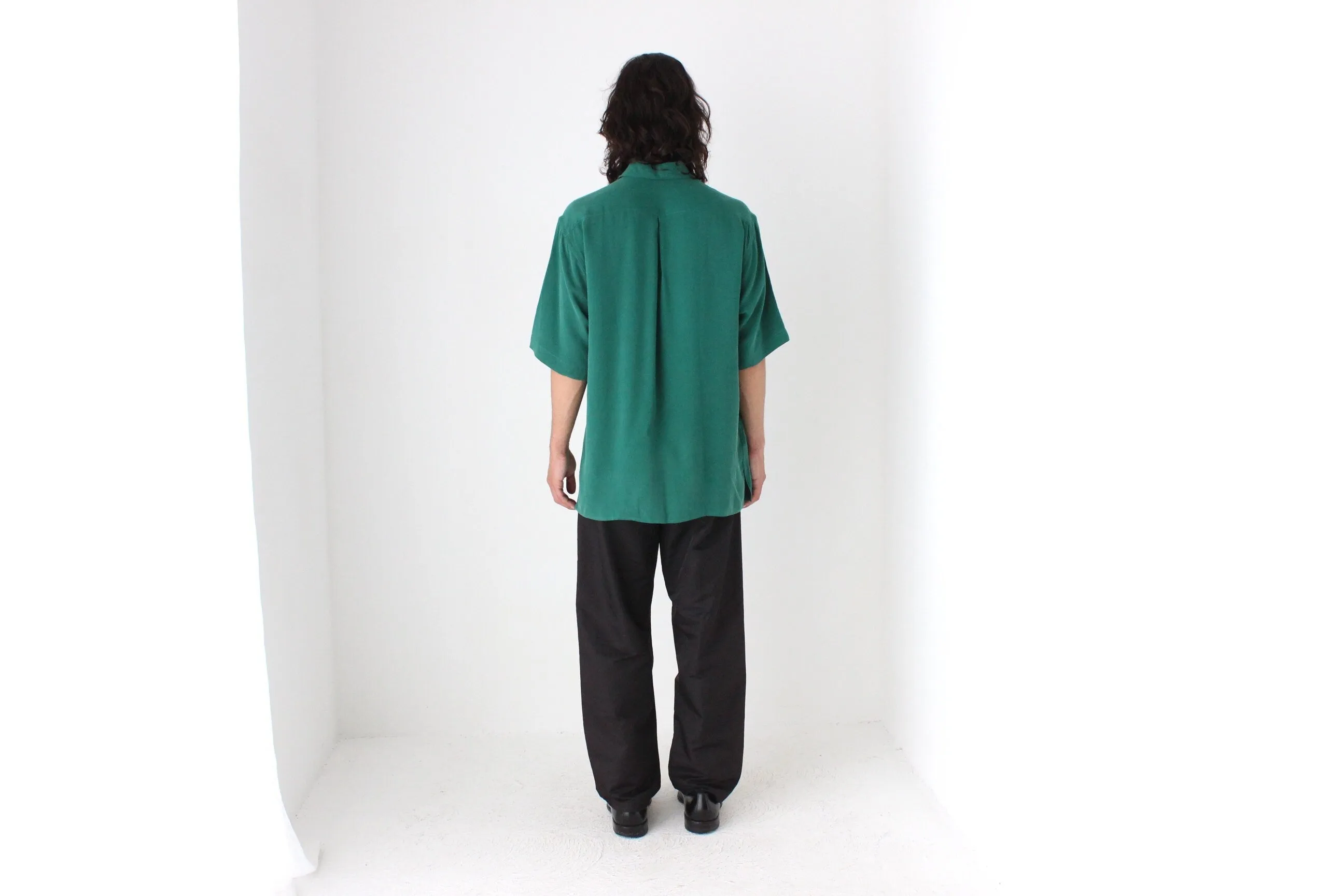 90s Textured Pure Silk Boxy Shirt in Green