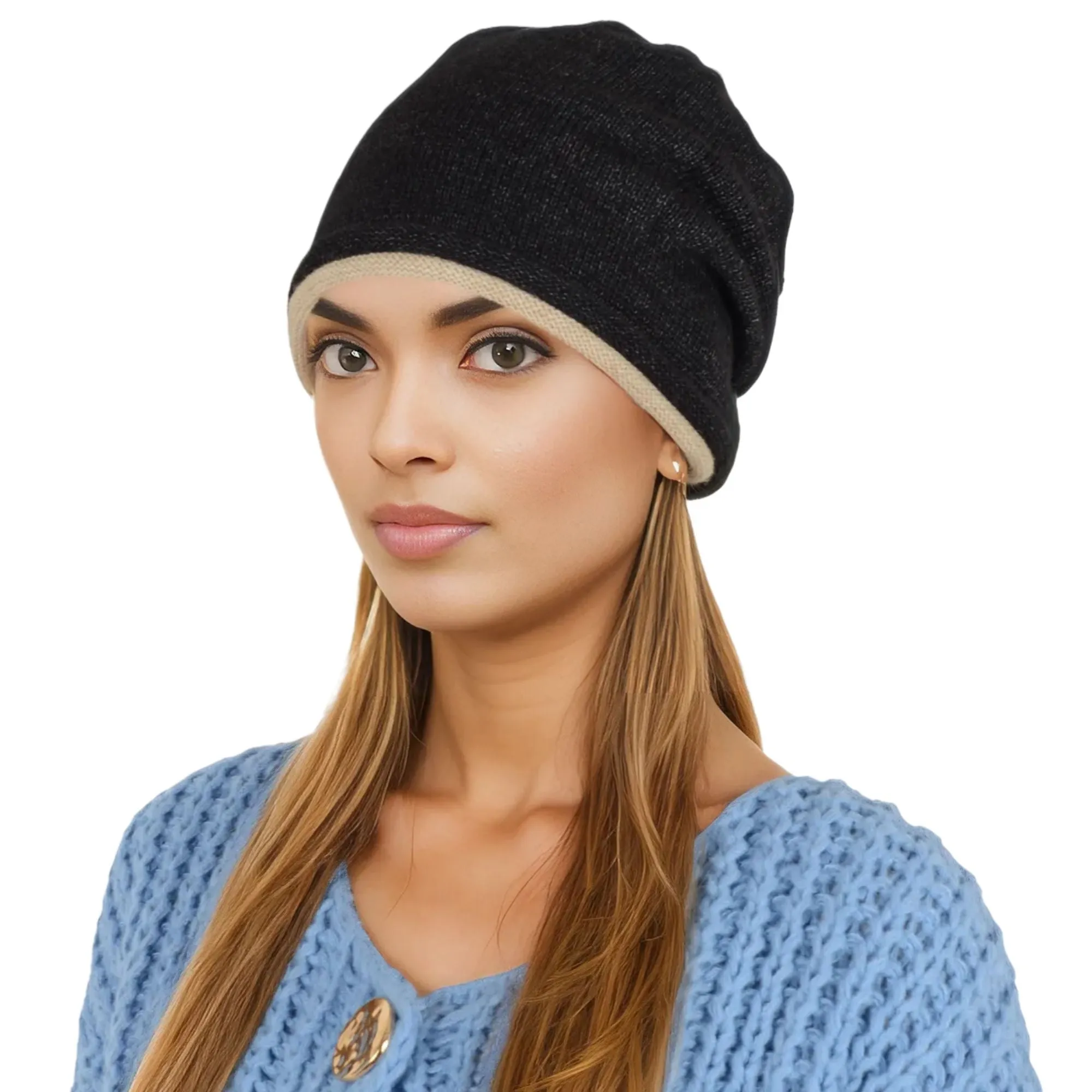 Alilang Comfy Warm Winter Knit Slouchy Beanie Hat Double Color Roll Up Edge Ski Cap for Women Men