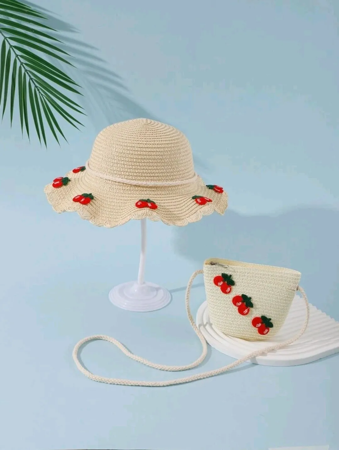 Childrens Straw Red Cherry Sun Hat & Bag