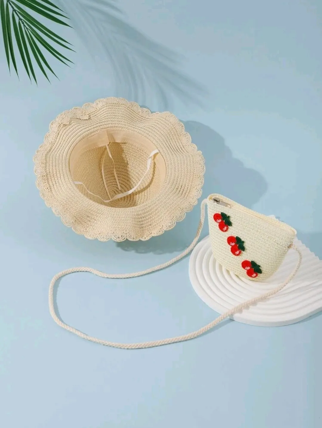 Childrens Straw Red Cherry Sun Hat & Bag