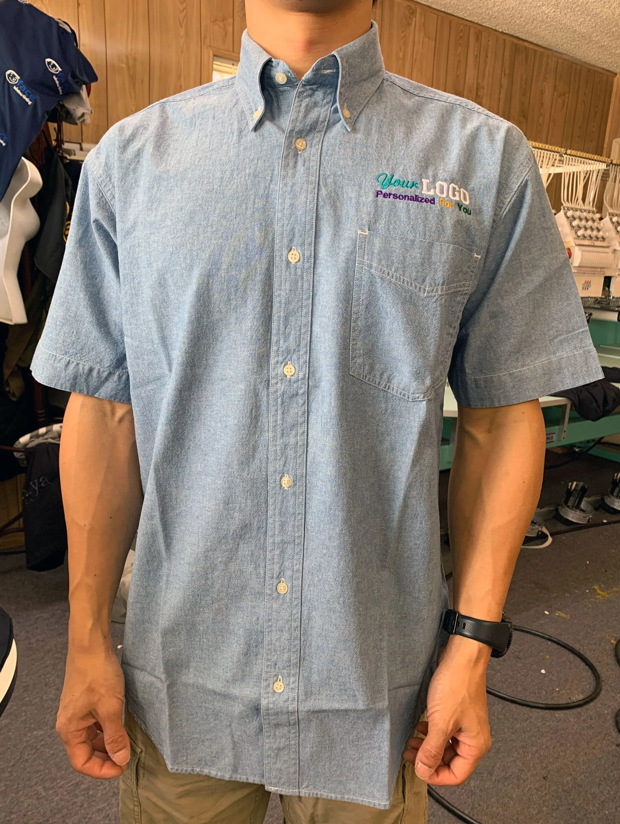 Custom Embroidered Lightweight Short Sleeve Chambray Shirt - 100% Cotton - 4 1/2 Oz - No Setup - 4in by 4in Embroidery Included