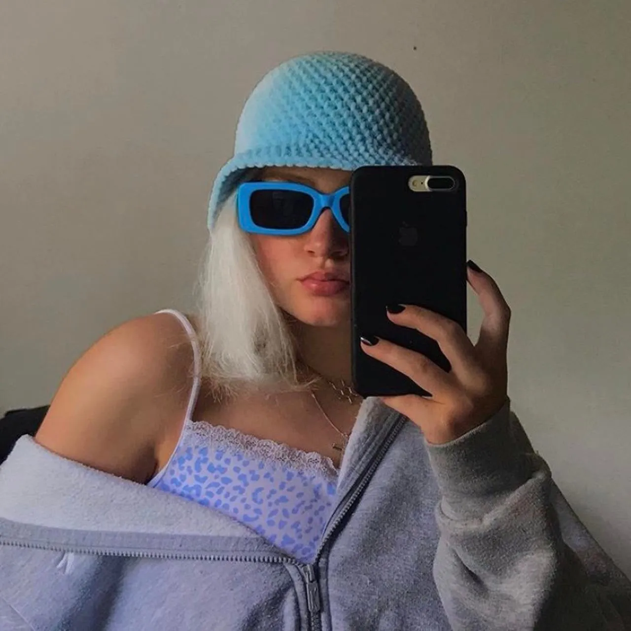 Handmade crushed velvet crochet bucket hat in baby blue