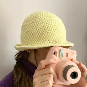 Handmade crushed velvet crochet bucket hat in pastel yellow