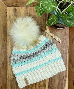Ivory , Mint and Multi Tone - Hand Crochet Beanie with Faux Fur Pom Pom