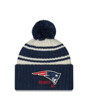 New England Patriots New Era 2022 Sideline - Sport Cuffed Pom Knit Hat - Cream/Navy