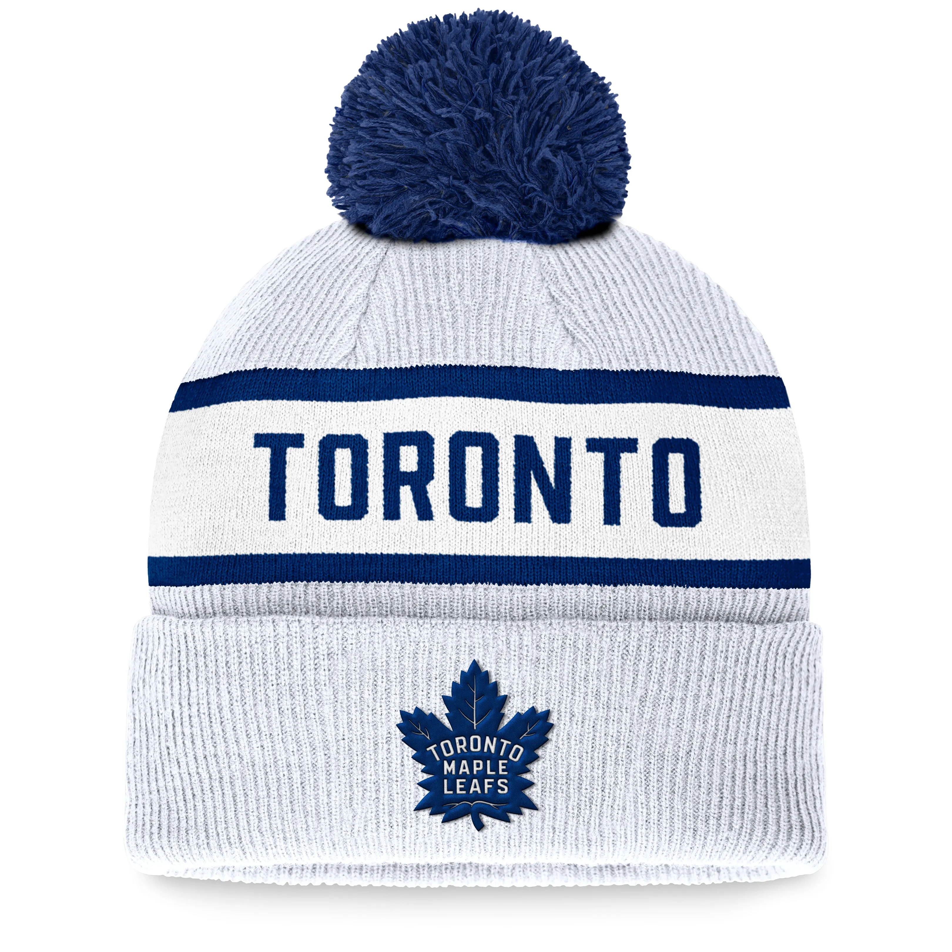 Toronto Maple Leafs Fanatics Branded White Fundamental Wordmark Cuffed Knit Hat with Pom
