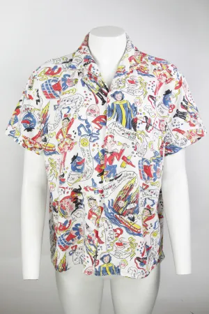 Vintage 1950s Curve Collar Printed Shirt - M