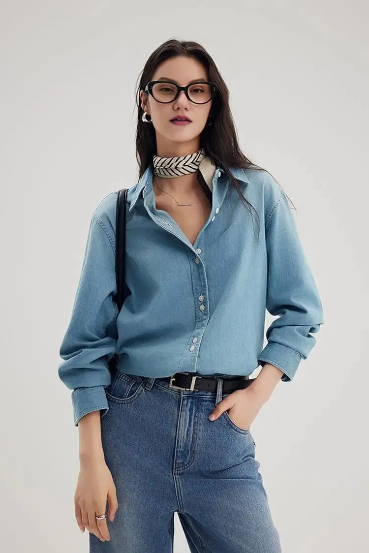 Vintage Washed Denim Shirt with Double Button Design
