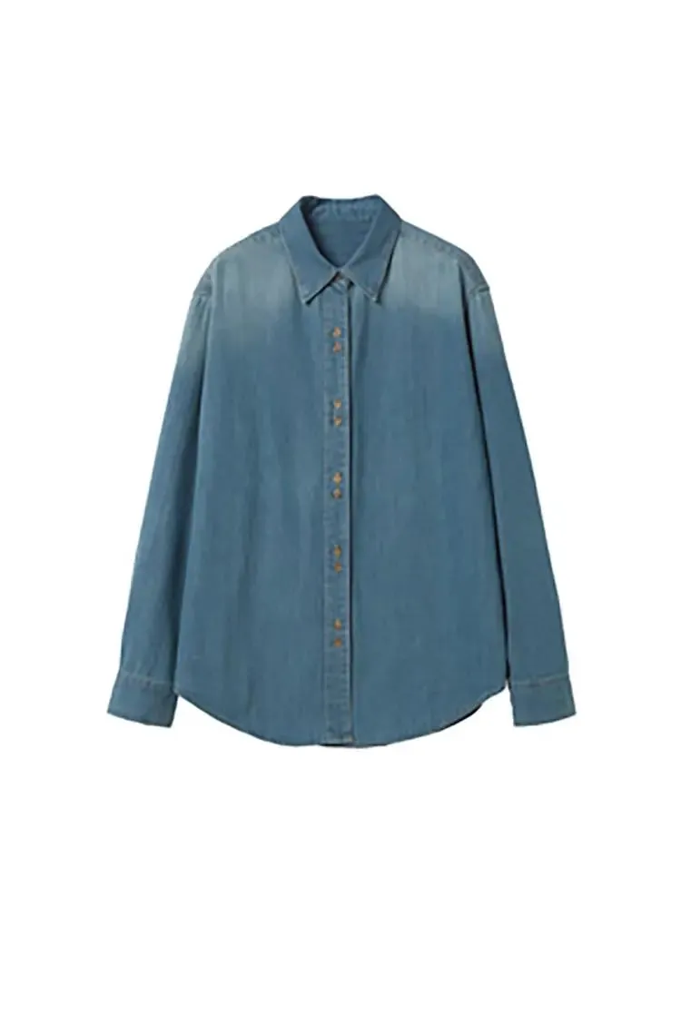 Vintage Washed Denim Shirt with Double Button Design