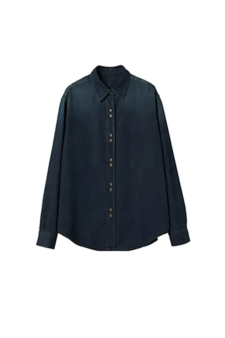 Vintage Washed Denim Shirt with Double Button Design