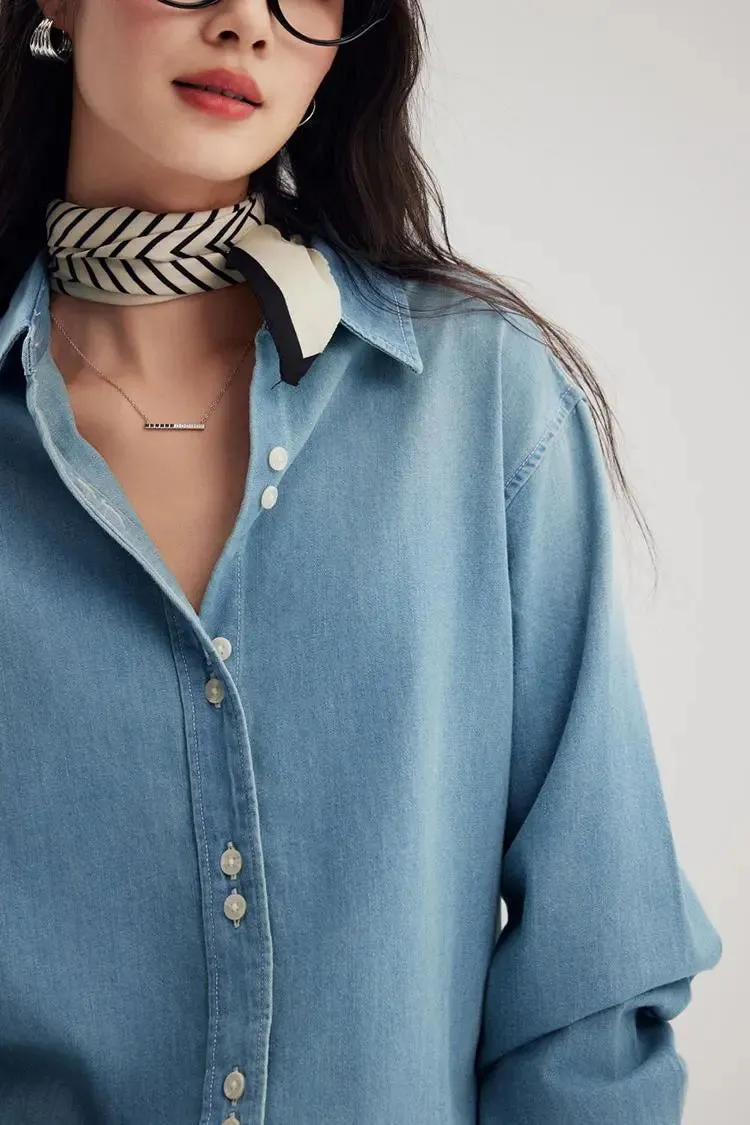 Vintage Washed Denim Shirt with Double Button Design