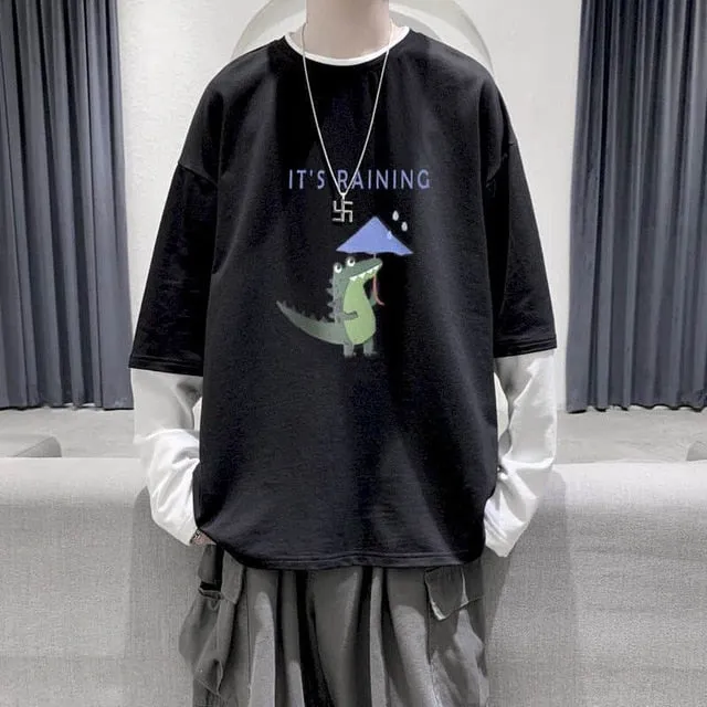 Voguable Long Sleeve Fake Two-piece T Shirt Striped Big Shirts Men Clothing Men Fashion New Oversized Tees Clothes Tshirt