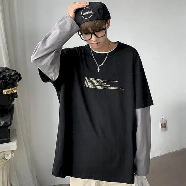 Voguable Long Sleeve Fake Two-piece T Shirt Striped Big Shirts Men Clothing Men Fashion New Oversized Tees Clothes Tshirt